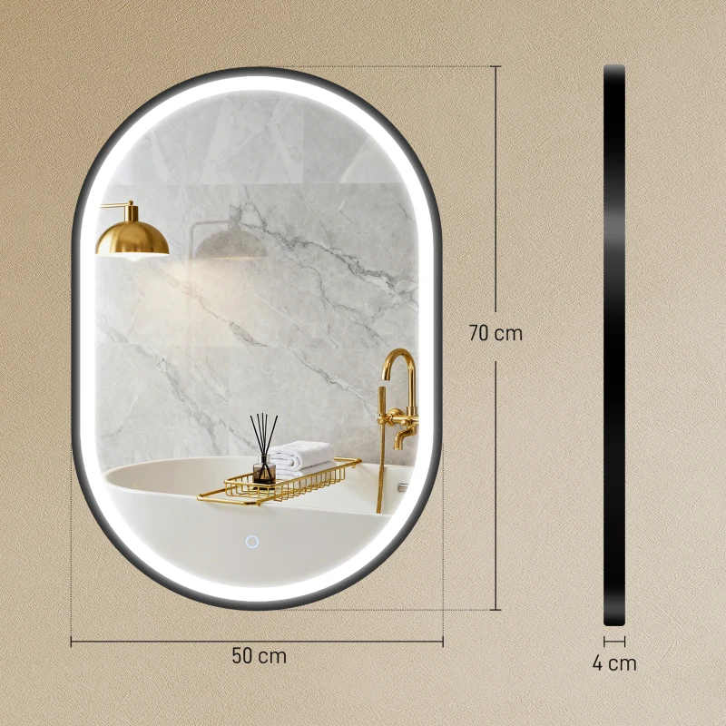 HOMCOM Espejo de baño con iluminación LED 50x70cm, espejo iluminado de pared interruptor táctil, luz 3 colores