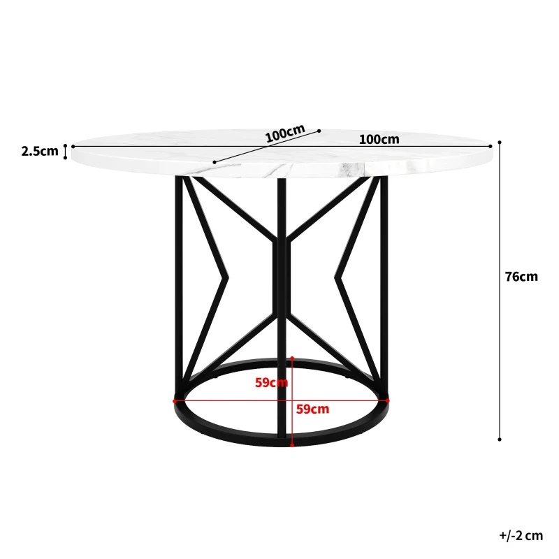Tavolo da pranzo rotondo in MDF con gambe in metallo, 100x100x76 cm, Bianco e Nero