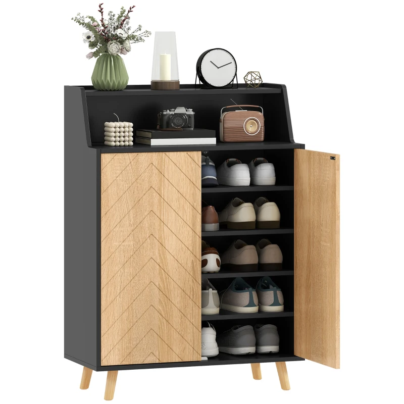 HOMCOM Zapatero Entrada Recibidor con 2 Puertas Estantes Ajustables y Compartimento Abierto 75x35x104 cm Negro y Natural