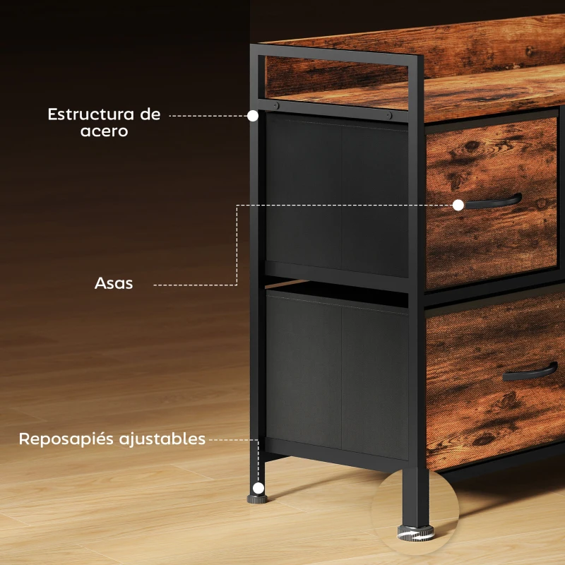 HOMCOM Cajonera de Tela con 5 Cajones y Marco Metálico Estilo Industrial para Salón Recibidor 98x29x63 cm Marrón Rústico
