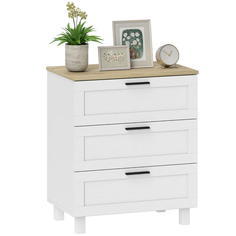 HOMCOM Commode 3 tiroirs meuble de rangement style moderne pieds en bois massif et plateau effet bois, 60 x 38 x 71 cm, blanc