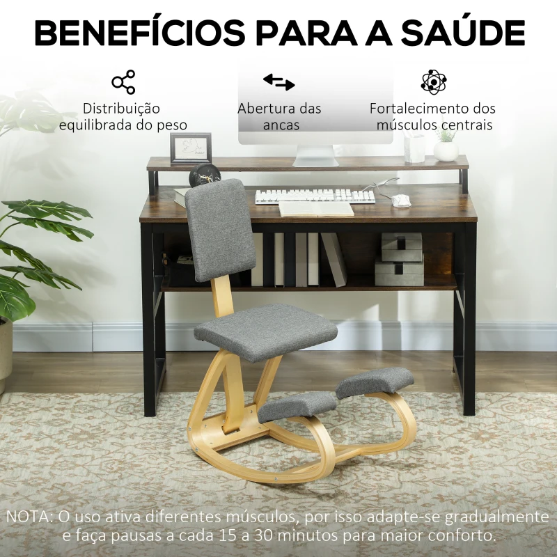 HOMCOM Cadeira Ergonómica de Joelhos com Encosto Almofadas Acolchoadas Estrutura de Madeira para Melhor Postura 51x84x93 cm Cinzento