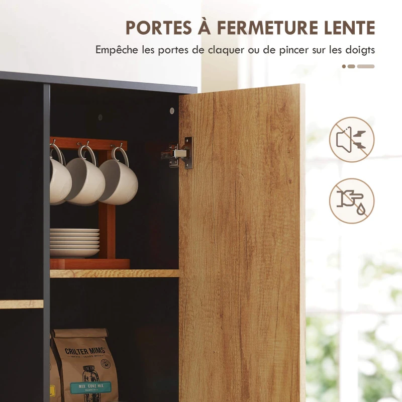 HOMCOM Armoire de cuisine meuble de rangement, 2 tiroirs 1 placard 2 niches et étagères réglables, 88x35x160cm, noir et naturel