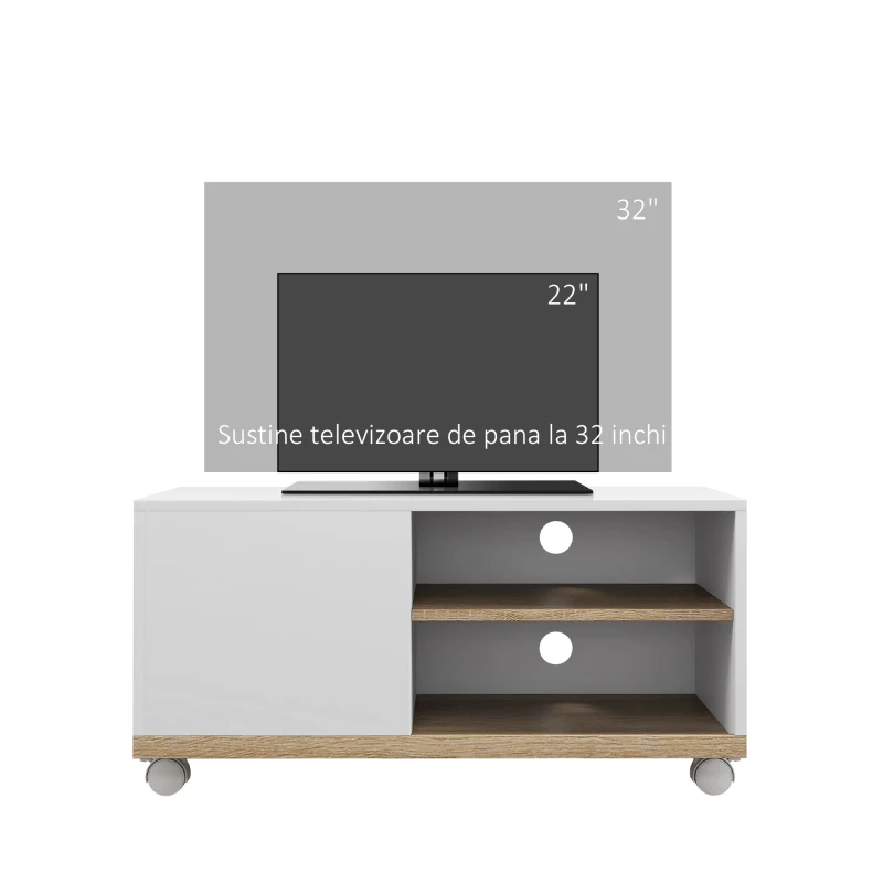 HOMCOM Dulap TV 42" Max cu 2 Rafturi deschise si Usa, Dulap TV Jos din PAL cu Roti, 80x45x39.5 cm, Alb