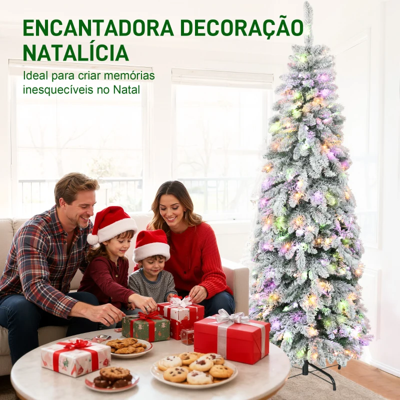 HOMCOM Árvore de Natal Estreita 180 cm Árvore de Natal Nevada com Luzes LED Temporizador 11 Modos de Iluminação Verde