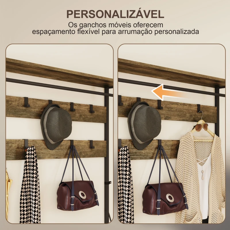 HOMCOM Móvel Cabide de Entrada com Banco 10 Ganchos 2 Gavetas e Barra para Pendurar Estilo Industrial 100x40x180 cm Castanho Rústico
