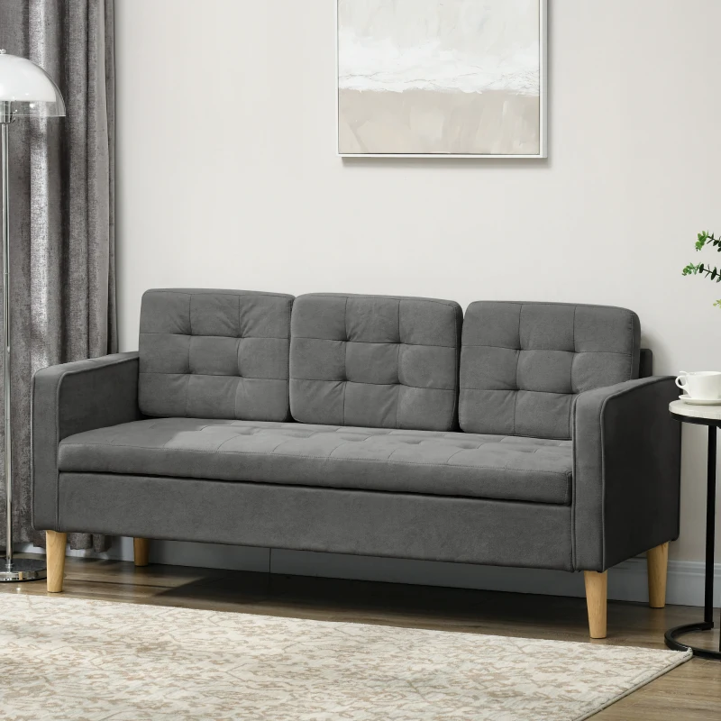 HOMCOM Canapé 3 places en coton, canapé moderne avec rangement caché, dossier capitonné, 166,5 x 62 x 82 cm, gris