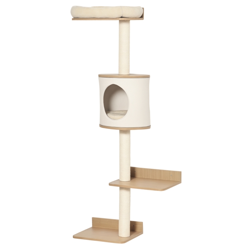 PawHut Copac pentru Pisici de Perete 38x30x149 cm cu Multiple Platforme din Lemn Vizuini Pat Superior Pernă Detașabilă Stâlpi Zgârietoare din Sisal Turn de Cățărat Bej și Stejar