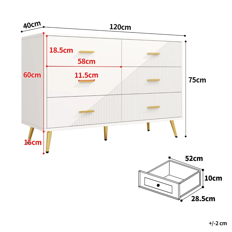Buffet de salle à manger avec 6 tiroirs spacieux, portes d'armoire au design tridimensionnel et pieds dorés, 120x40x75 cm, Blanc