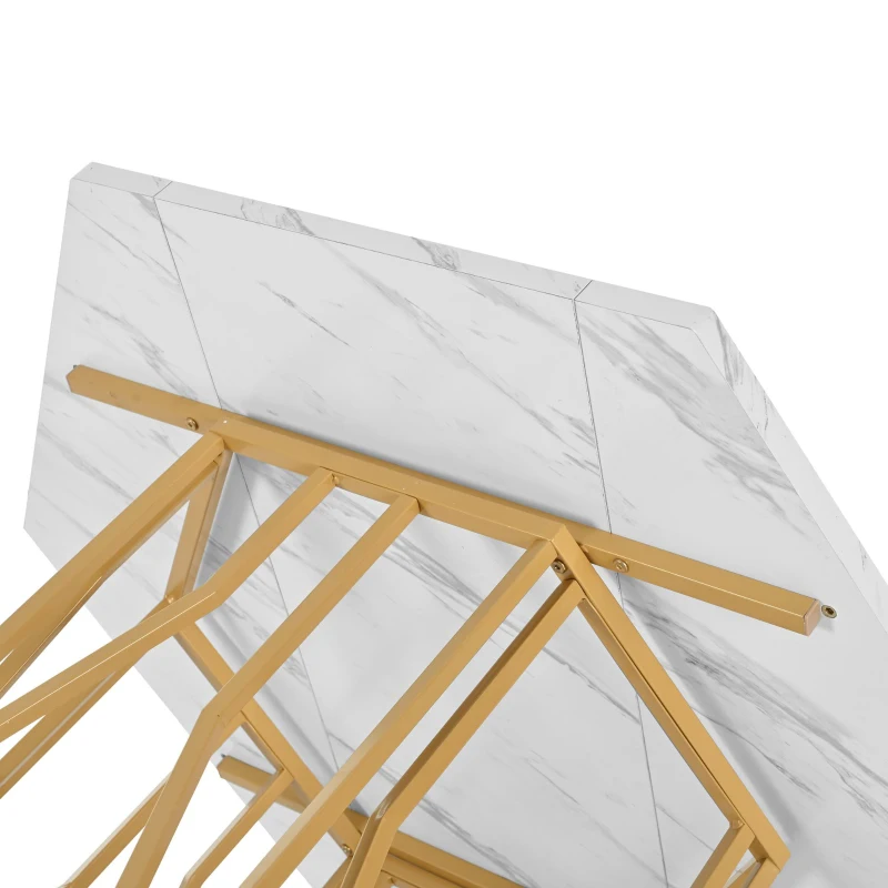 Tavolo da pranzo esagonale moderno con gambe in metallo dorato, 115.5x100x75 cm, Bianco e Oro
