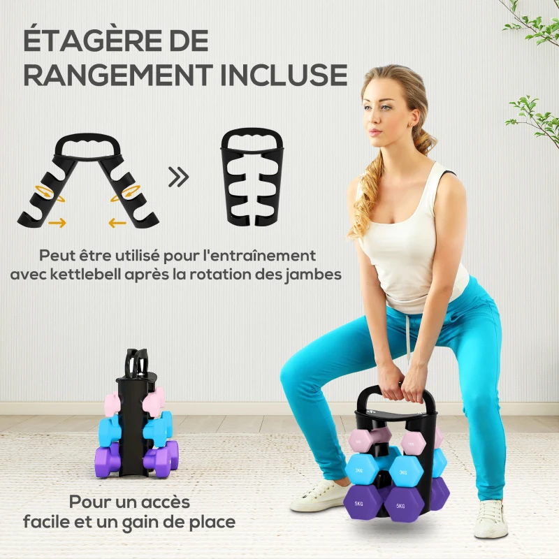 SPORTNOW Lot d'haltères hexagonaux, haltères musculation, 2 x 1 kg, 2 x 3 kg, 2 x 5 kg, avec support convertible d'haltères