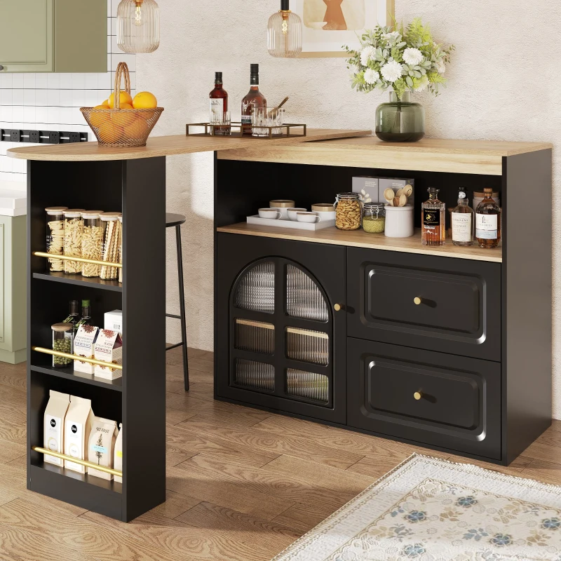 Bancone girevole a 360° con 2 cassetti, ripiano e vetro curvo, 138-204x39x104 cm, Nero