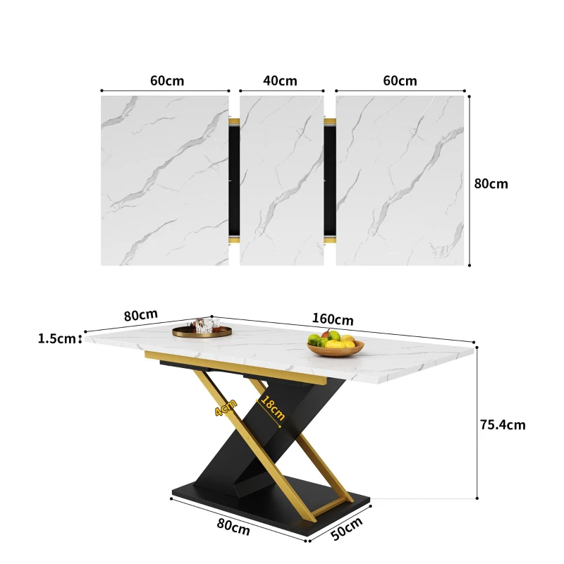 Table à manger extensible, table cuisine-séjour avec pieds croisés, 120-160x80x75,4 cm, Blanc+Noir