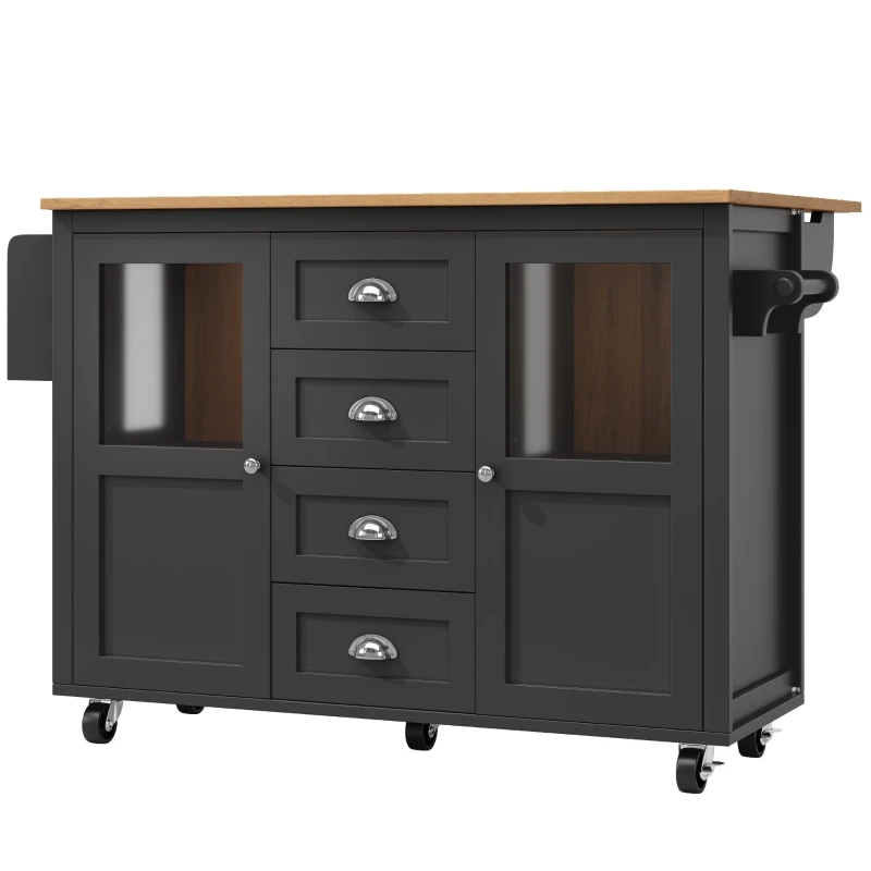 Îlot de cuisine avec plateau réglable, deux portes et quatre tiroirs, 137,9x45/73x92,5 cm, Noir