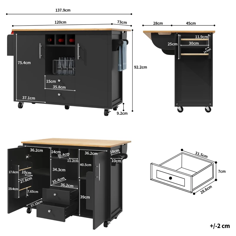 Îlot de cuisine avec table pliante, grand espace de rangement, casier à vin, porte-serviette et porte-épices, 137,9x45/73x92,2 cm, Noir