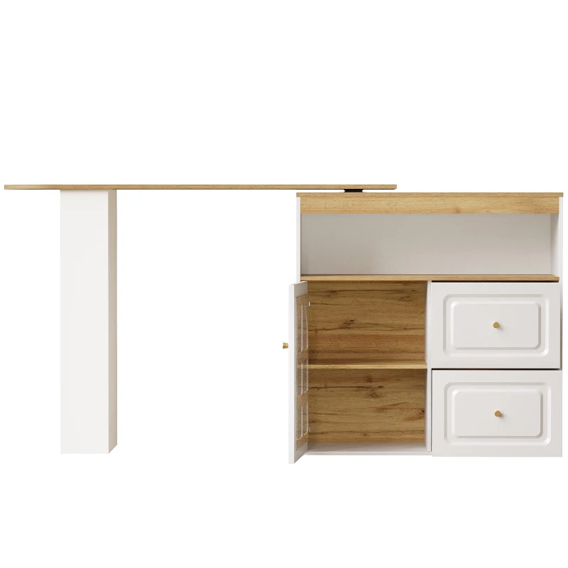 Buffet pivotant 360°, avec 2 tiroirs, étagère à snacks, verre cintré, 138-204x39x104 cm, Blanc