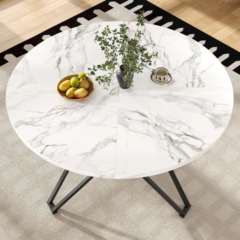 Tavolo da pranzo rotondo per 4 persone, piano in MDF, 100x100x76 cm, Bianco e Nero