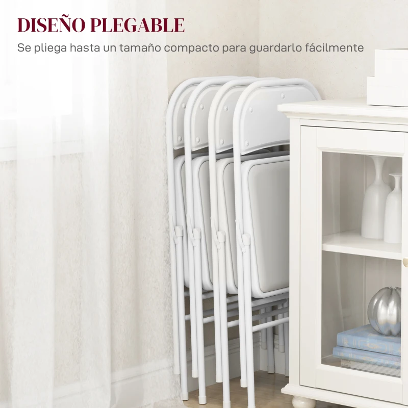 HOMCOM Juego de 4 Sillas Plegables Acolchadas con Respaldo y Estructura de Acero para Salón Comedor Cocina 45x46x78 cm Blanco