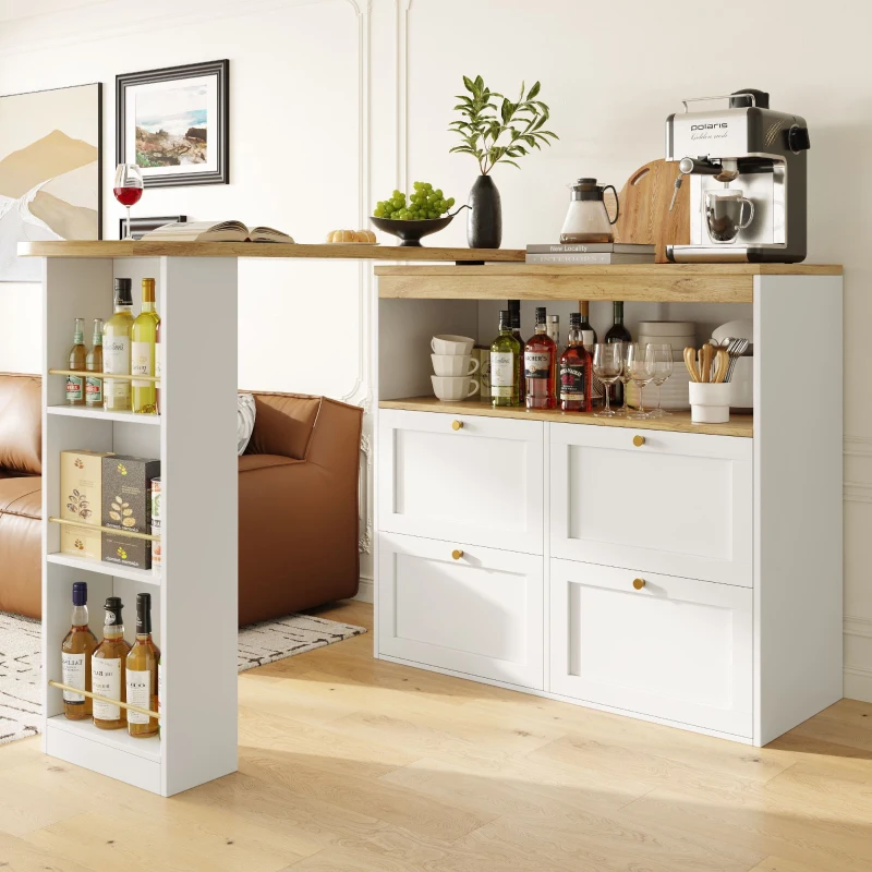 Bancone bar girevole a 360°, mobile modulare a L con 4 cassetti e ripiani aperti, Bianco