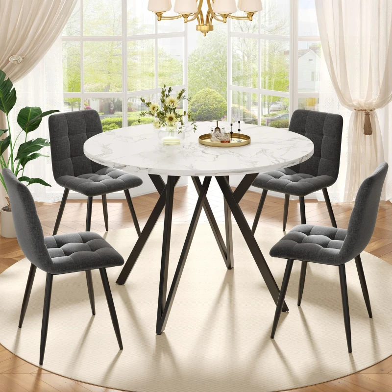 Tavolo da pranzo rotondo per 4 persone, piano in MDF, 100x100x76 cm, Bianco e Nero