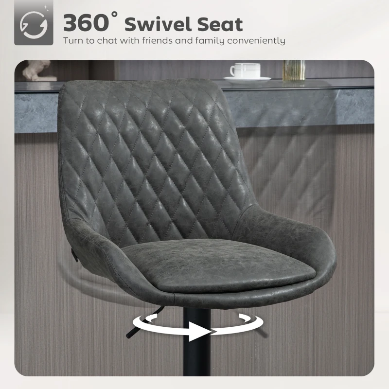 HOMCOM Retro Bar Stools Set of 2, Adjustable Kitchen Stool, Upholstered Bar Chairs with Back, Swivel Seat, Dark Grey