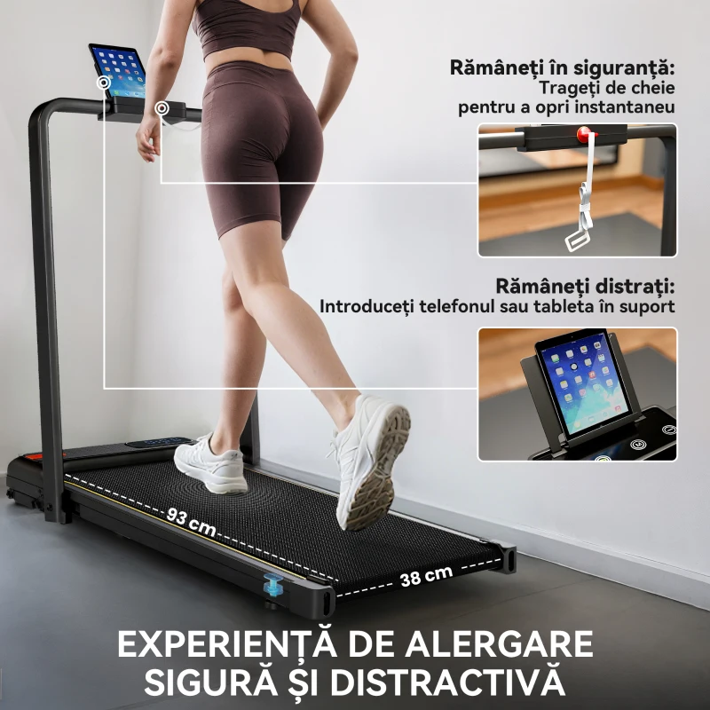 SPORTNOW Bandă de Alergat Pliabilă 2 în 1 cu Inclinare, Bandă de Alergat Electrică 2CP Portabilă cu Display LED, Viteză 1-10 km/h, Roți, Mânere, Telecomandă, Suport Telefon, Negru