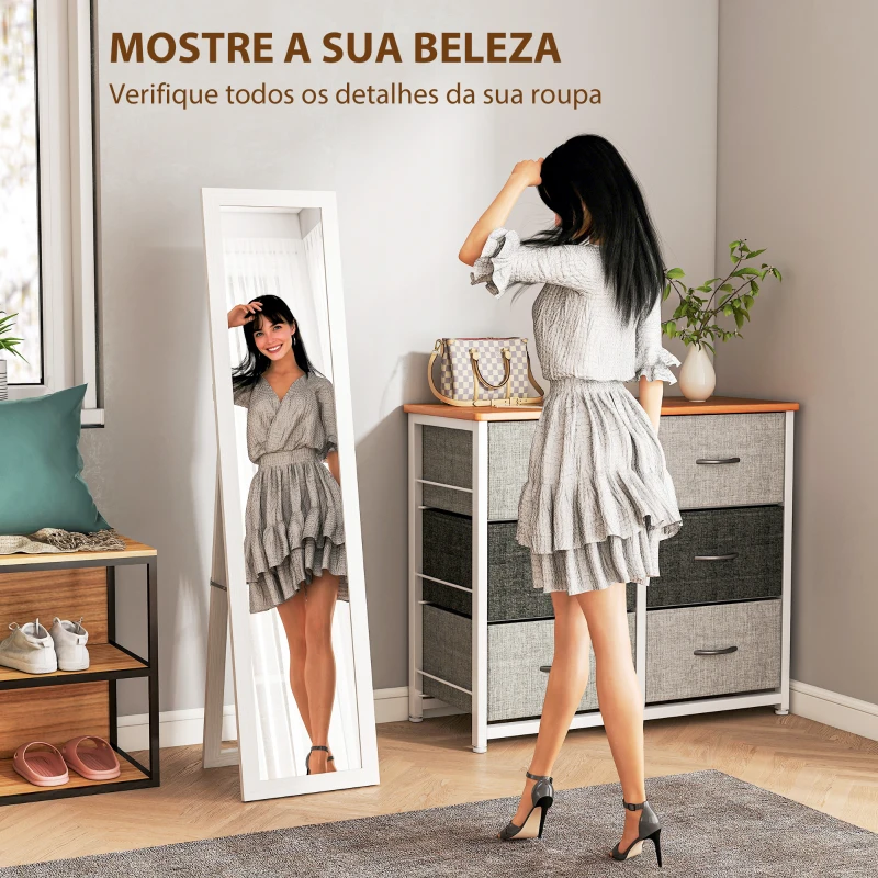 HOMCOM Espelho de Pé 37x155 cm Espelho de Corpo Inteiro Espelho de Parede Retangular com Estrutura de Madeira Branco com Veios