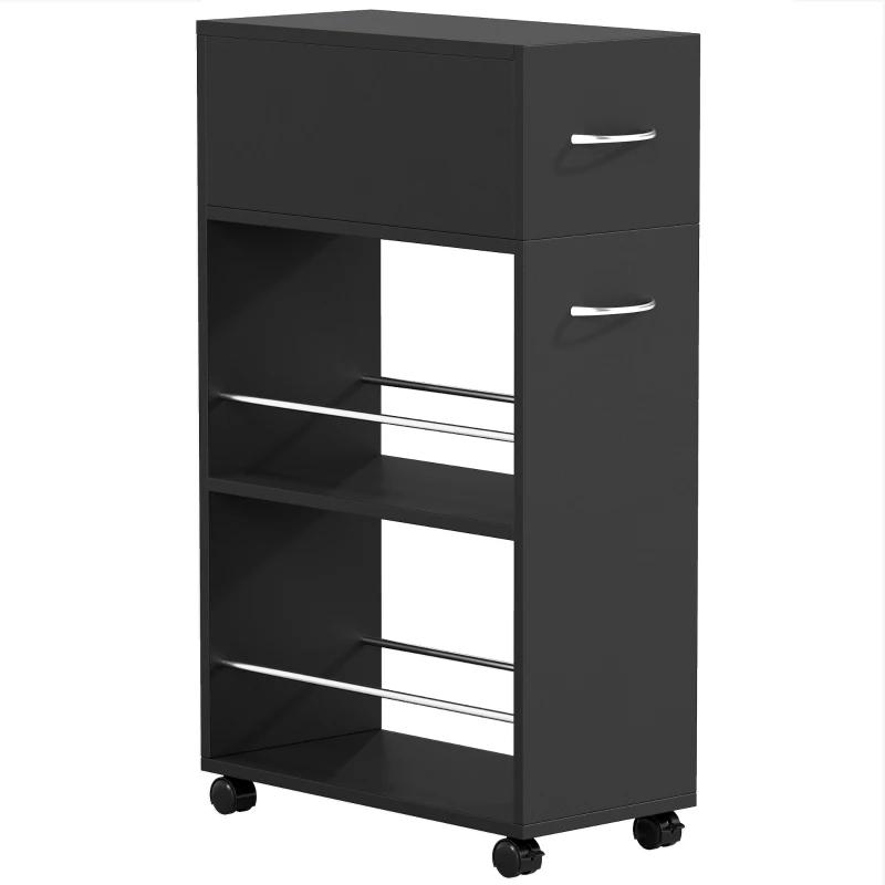 HOMCOM Carrello da Cucina con 2 Ripiani Aperti, Cassetto e Parapetti, Legno e Acciaio Inox, 25x50x85 cm, Nero