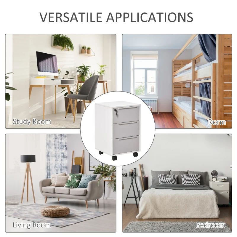 HOMCOM Dulap de Birou cu 3 Sertare cu Chei și 4 Rotile Alb și Gri