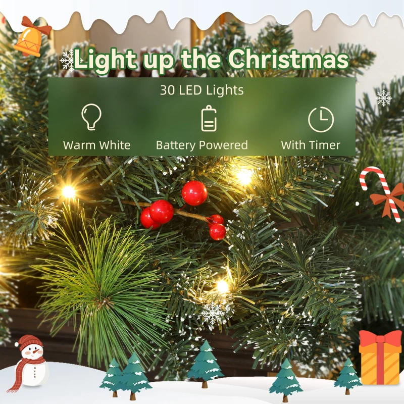 HOMCOM Ghirlandă de Crăciun 183 cm cu Crengi Înzăpezite și 30 de Lumini Albe, Conuri și Boabe pentru Interioare