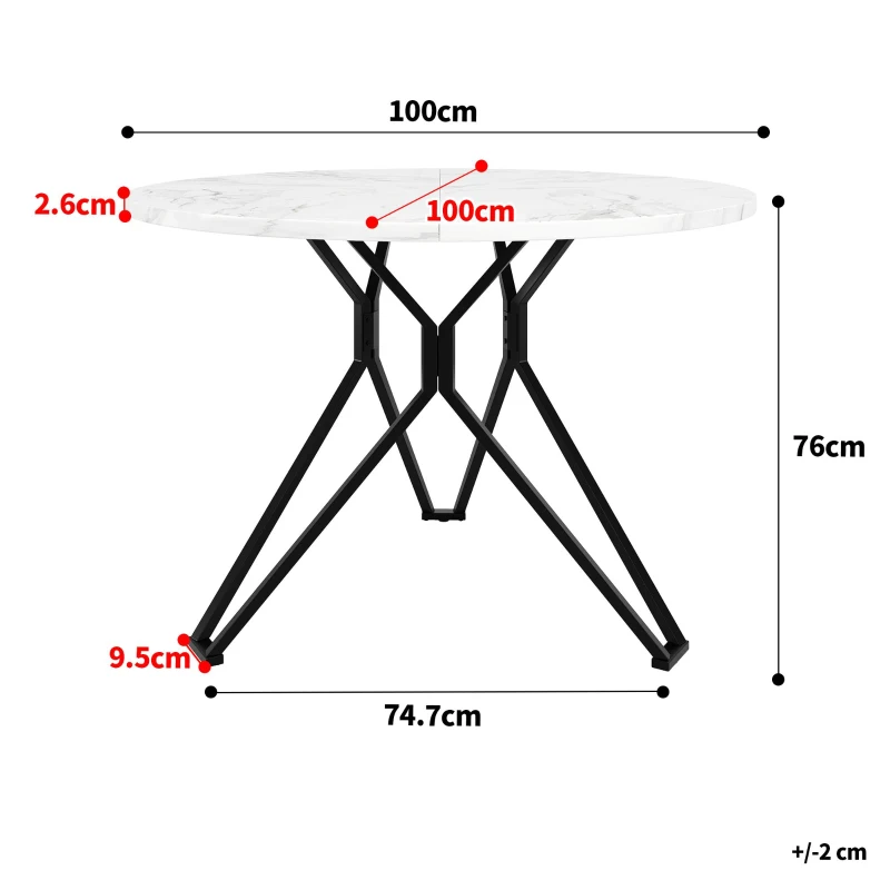 Tavolo da pranzo rotondo per 4 persone, piano in MDF, 100x100x76 cm, Bianco e Nero