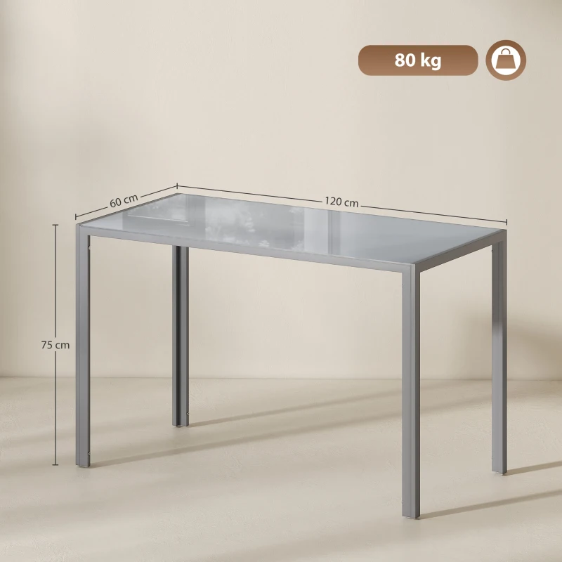 HOMCOM Mesa de Refeição de Cristal Mesa Retangular para 4-6 pessoas com Pés de Metal Multifuncional 120x60x75 cm Cinza