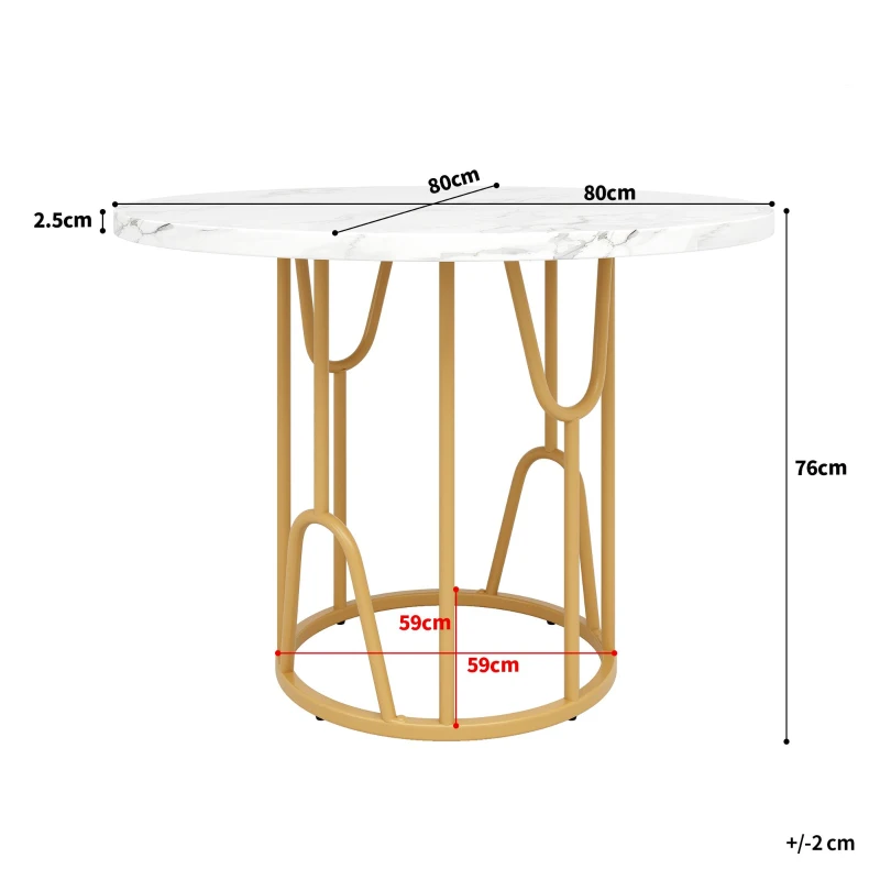 Tavolo da pranzo rotondo per 4 persone con piano in MDF e gambe in metallo, 80x80x76 cm, Bianco e Oro
