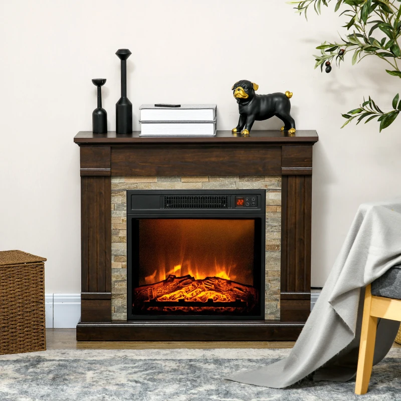 HOMCOM Cheminée électrique, cheminée décorative 1800W effet flamme, luminosité et température réglables, 80x21,6x67,8cm, marron