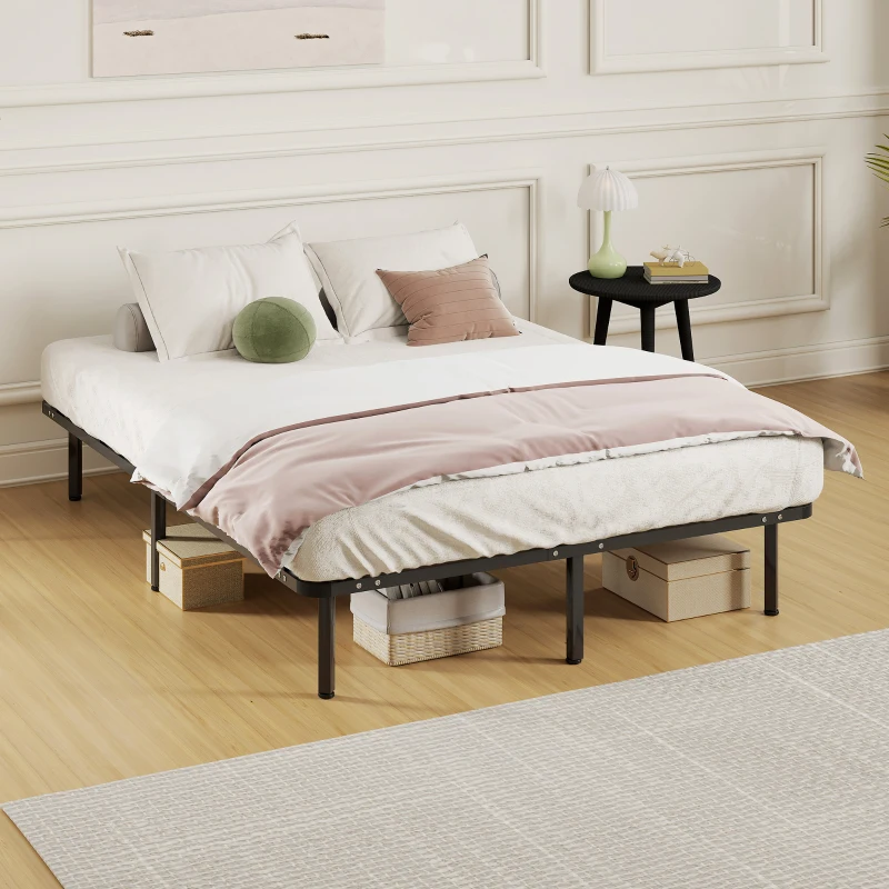 HOMCOM Bettrahmen 140 x 190 cm, 2‑Personen-Bett mit Massivholzlatten und Füßen, Stauraum darunter, schwarz