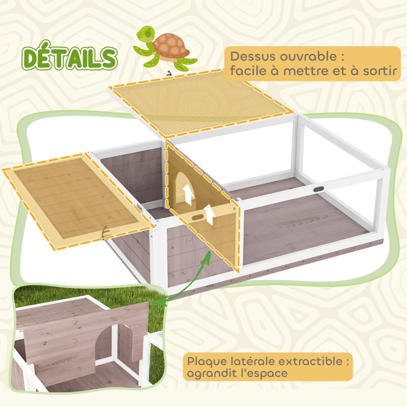 PawHut Maison enclos cage habitat pour petit animal tortues avec 2 espaces 91 x 60,5 x 32 cm bois massif marron clair
