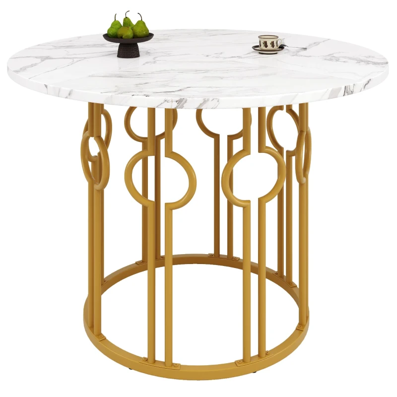 Tavolo da pranzo rotondo per 4 persone con piano in MDF e gambe in metallo, 100x100x76 cm, Bianco e Oro