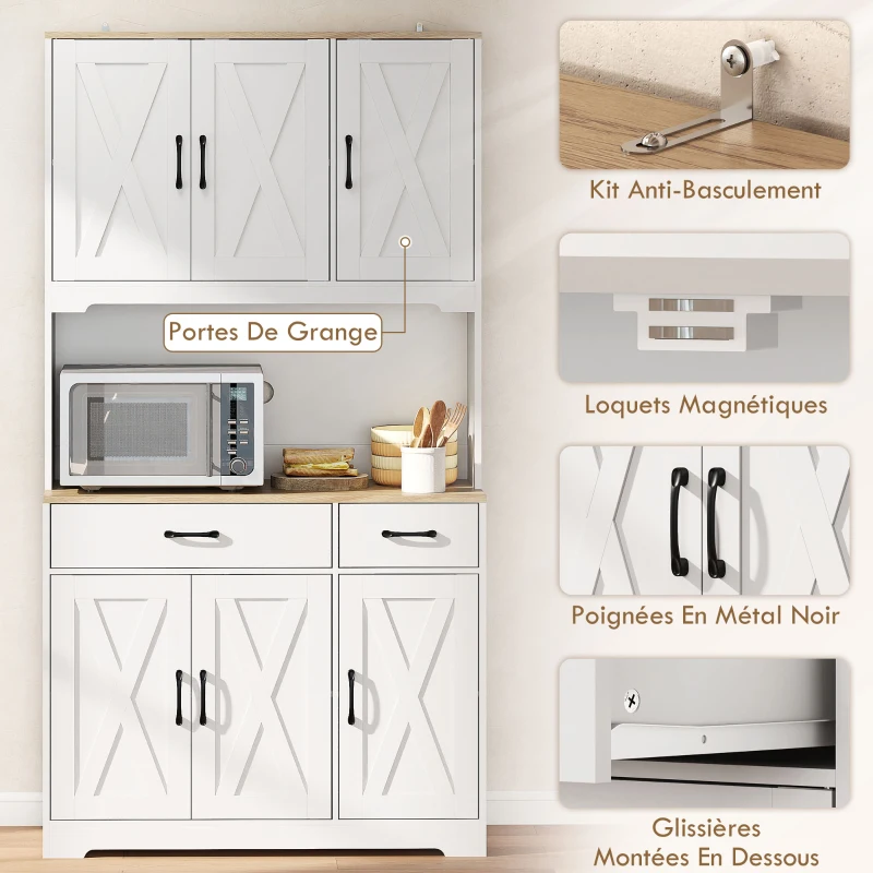 HOMCOM Buffet haut cuisine armoire de cuisine avec 6 portes 2 tiroirs plan de travail étagères réglables 94x39,5x175,2cm blanc