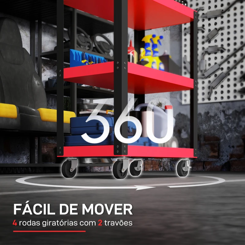 HOMCOM Carrinho de Ferramentas com 3 Prateleiras Rodas e Alças para Garagem Mecânica Casa Carga 120 kg Vermelho e Negro