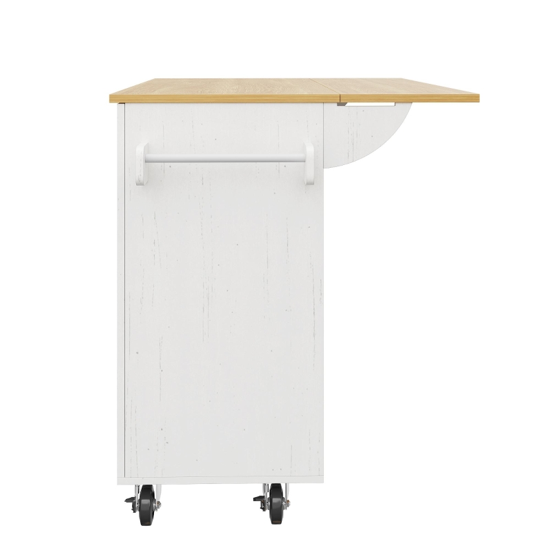 Îlot de cuisine avec plateau de table rabattable, desserte avec étagères à snacks et placards extensibles, 134,5x46/74x90,5 cm, Blanc