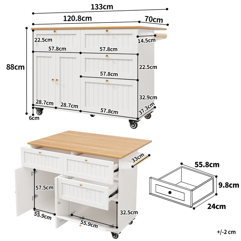 Îlot de cuisine avec plateau rabattable, table à manger multifonction avec espace de rangement, 133x37,3/70x88 cm, Blanc