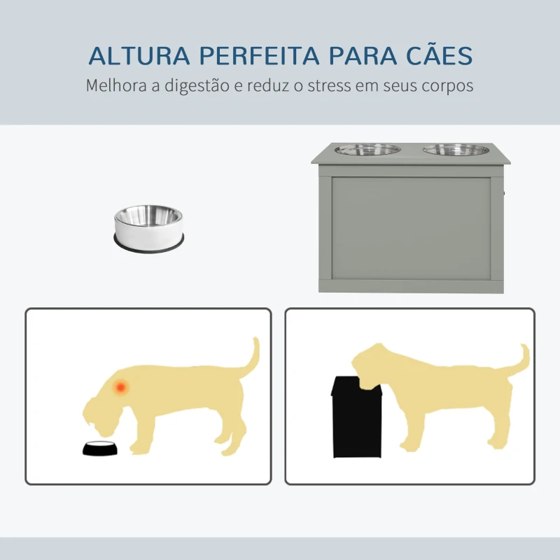 PawHut Comedouro Elevado para Cães com 2 Tigelas de Aço Inoxidável e Espaço de Armazenamento Oculto 60x30x41 cm Cinzento
