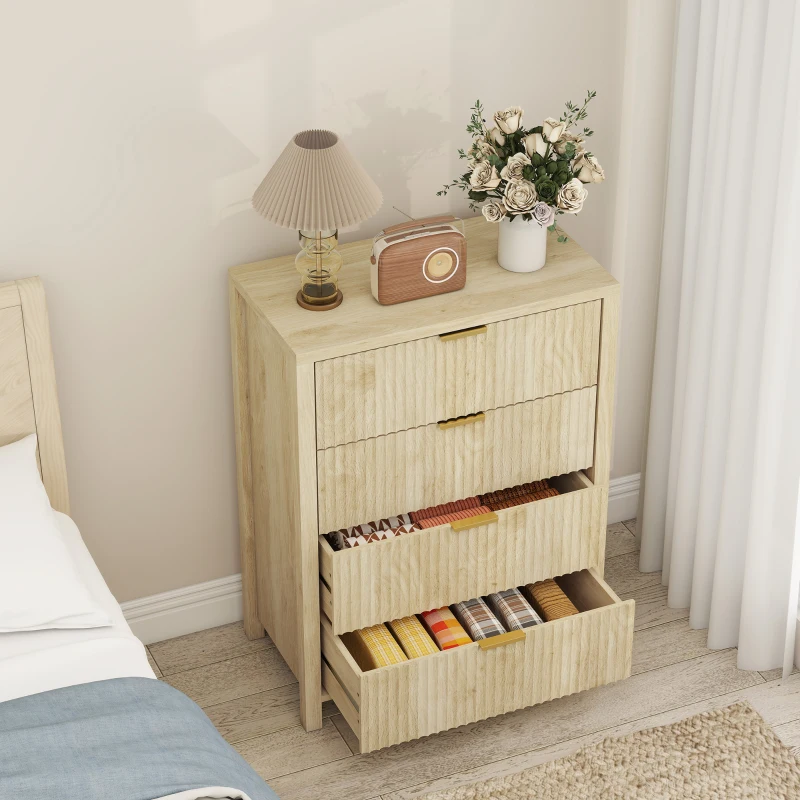 HOMCOM Comodă cu 4 Sertare Canelate și Mânere Aurii 70x38x93 cm Lemn