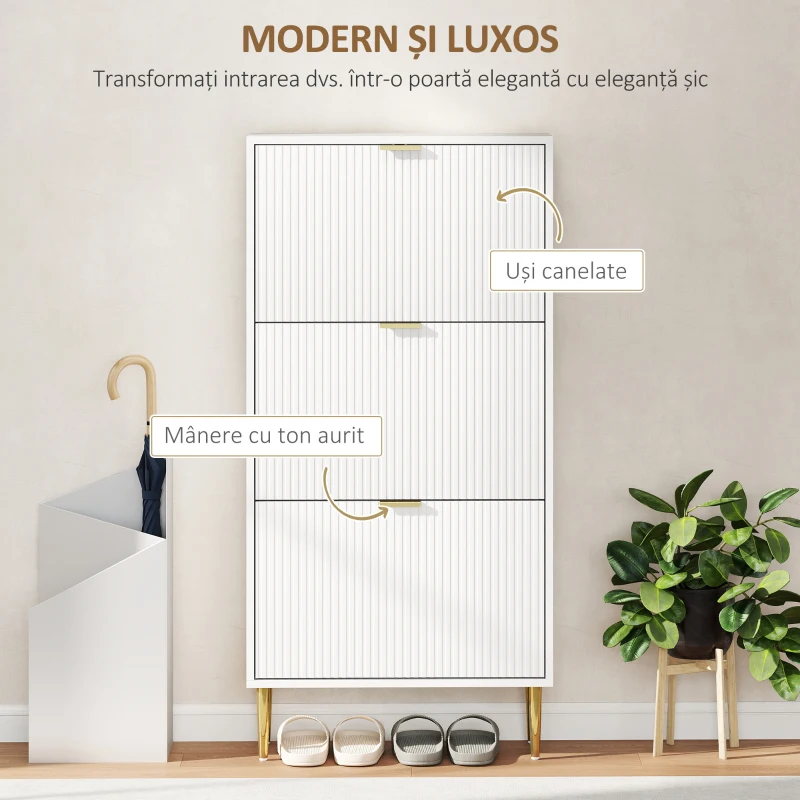 HOMCOM Dulap Subțire pentru 18 Perechi de Pantofi cu 3 Sertare Basculante și Rafturi Reglabile, 60x24x128 cm, Alb