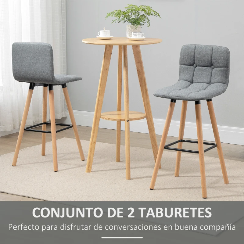 HOMCOM Juego de 2 Taburetes Altos de Cocina con Respaldo Reposapiés Patas de Madera Estilo Moderno Gris
