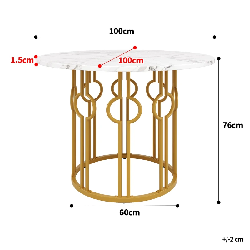 Tavolo da pranzo rotondo per 4 persone con piano in MDF e gambe in metallo, 100x100x76 cm, Bianco e Oro