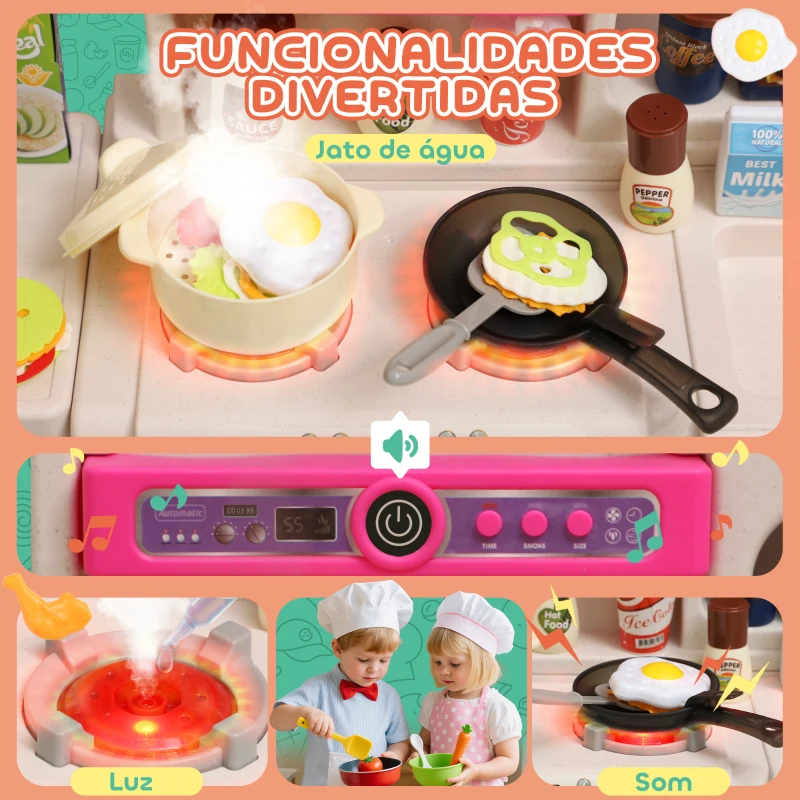 AIYAPLAY Cozinha de Brincar com Luz e Som Cozinha para Crianças com Acessórios Panelas Utensilios e Alimentos Falsos 52,5x22x100 cm Rosa