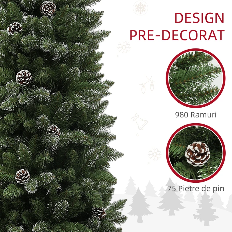 HOMCOM Brad de Crăciun Înzăpezit Înalt, 980 de Ramuri, Ø80x225 cm, Verde