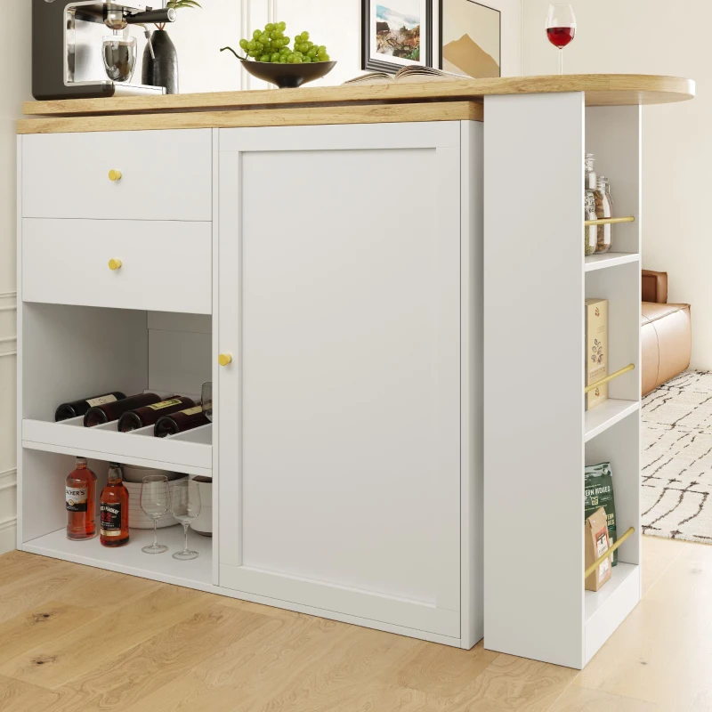 Bancone bar girevole a 360° con 2 cassetti e armadietto con anta scorrevole, 3 ripiani aperti, Bianco