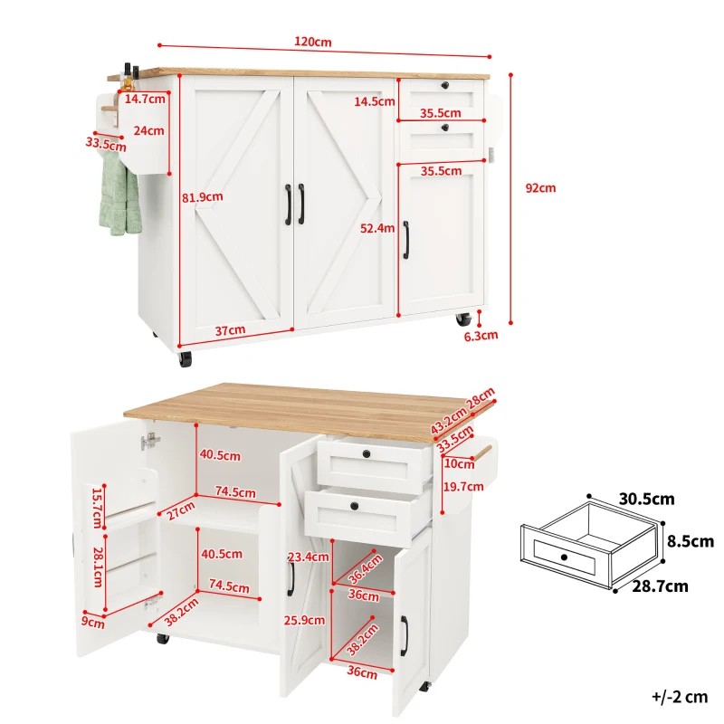 Isla de cocina moderna, con tablero ajustable y espacio de almacenamiento, 120x43,2/71,2x92 cm, Blanco